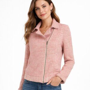 Ella Moss Pink Tweed Zip Jacket Women's Size Small Frayed Trim Moto Style